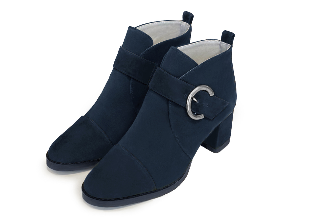 Navy blue women's ankle boots with buckles at the front. Round toe. Medium block heels. Front view - Florence KOOIJMAN